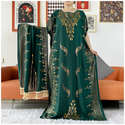 Image of Women Dubai Stretch Print Loose Fit Elegant Dresses Caftan Moroccan Robe With Headscarf-FrenzyAfricanFashion.com