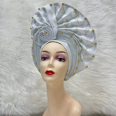 Image of Fahion High Quality Nigerian Gele Headtie Aso Oke Gele Already Made Auto Gele Aso Ebi Headtie African Turban with Bead Z1113-1-FrenzyAfricanFashion.com