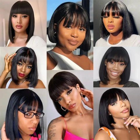 Image of 3X1 Middle Part Lace Wig Bob Wigs Full Machine Made Bone Straight Human Hair Wigs With Bangs Short Bob Human Hair Wigs For Women-FrenzyAfricanFashion.com