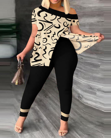 Image of Suit Sexy Off Shoulder Split 2023 Summer Fashion Casual Short Sleeve Loose Top + Tight Pants 2-piece Set S-XXXL-FrenzyAfricanFashion.com