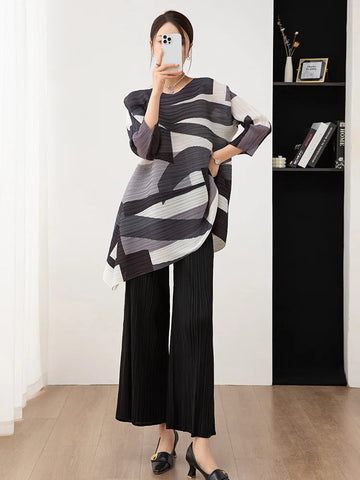 Image of 2 Pieces Sets For Women Loose Long Color Block Shirt With Wide Leg Pants Female Fashion Clothing-FrenzyAfricanFashion.com