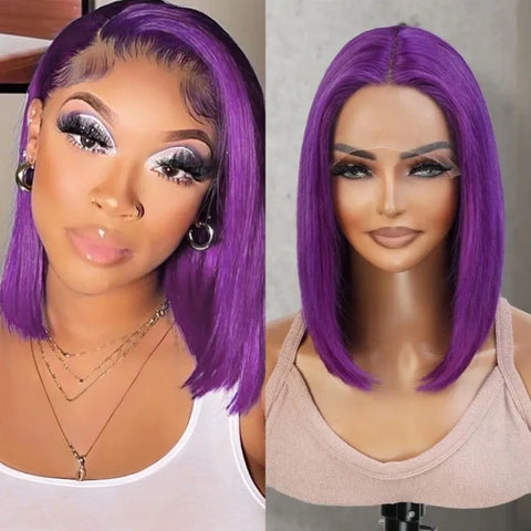 Image of Short Bob Wig 180% Dark Purple Lace Front Human Hair Wigs For Women 13x4 Lace Frontal Wig Colored Straight Bob Lace Front Wigs-FrenzyAfricanFashion.com