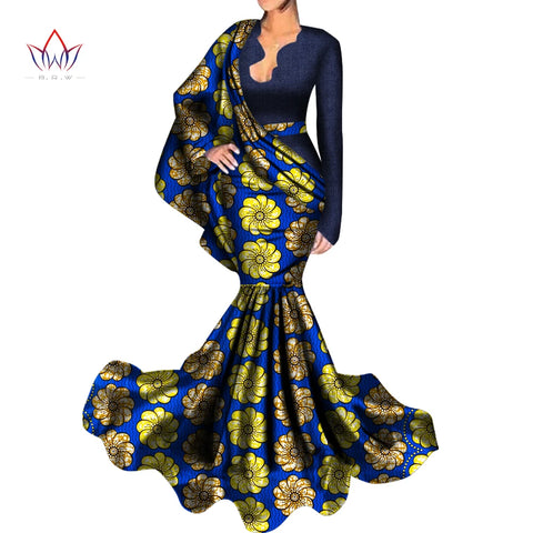 Image of Dashiki African Evening Dresses Bazin Africa Print Cotton Ladies Long Sleeve-FrenzyAfricanFashion.com