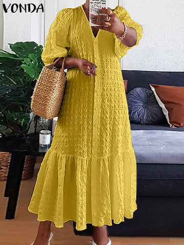 Image of Women Shirt Dress Sexy V Neck Buttons Half Sleeve Long Maxi Bohemian-FrenzyAfricanFashion.com