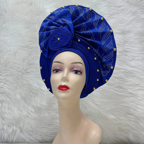 Image of Fahion High Quality Nigerian Gele Headtie Aso Oke Gele Already Made Auto Gele Aso Ebi Headtie African Turban with Bead Z1113-1-FrenzyAfricanFashion.com