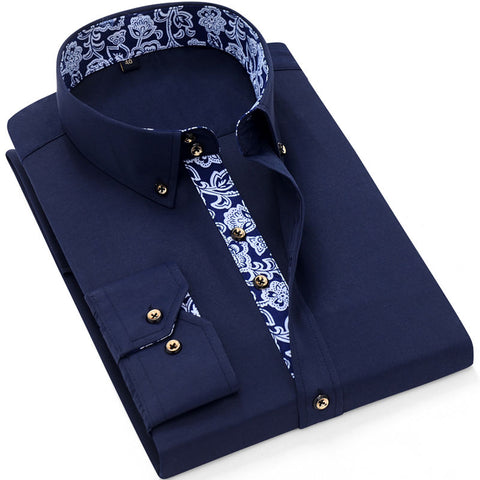 Image of Blue-and-white Porcelain Collar Shirt Men Long Sleeve SlimFit Casual Business Dress Shirts Solid Color White Shirt Cotton-FrenzyAfricanFashion.com