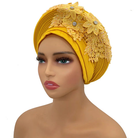 Image of Embroidery Flower African Autogele Headtie Women's Fashion Turban Cap Wedding Gele Party Headpiece Nigeria Female Head Wraps-FrenzyAfricanFashion.com