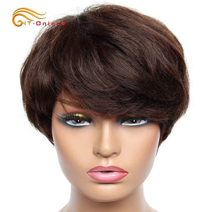 Cheap Human Hair Wigs Short Bob Pixie Cut Wig Human Hair For Women perruque cheveux humain Brazilian Hair Colored Wig With Bangs-FrenzyAfricanFashion.com