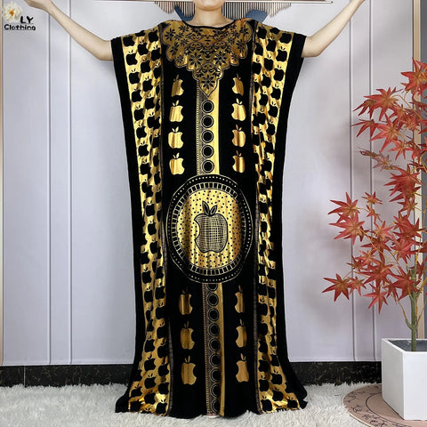 Image of Luxury Party Black and Gold Dress With Big Scarf Boubou Maxi Women Abaya Clothing-FrenzyAfricanFashion.com