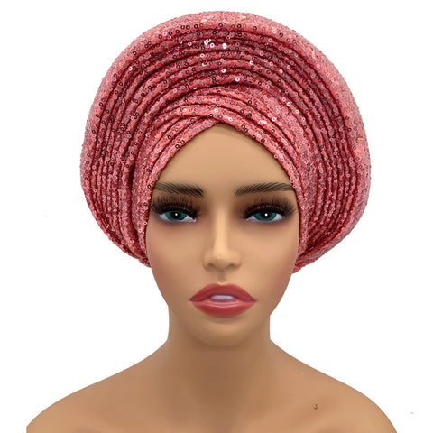 Image of Sequins Auto Gele Headtie African Women's Head Wraps Fashion Turban Cap Nigeria Wedding Geles Already Made Head Ties Headpiece-FrenzyAfricanFashion.com