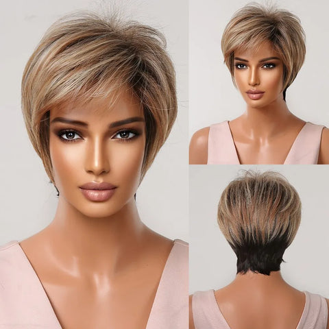 Image of Pixie Cut Wigs for Women Natural Synthetic Short Black Layered Hair Wig with Fluffy Bangs Afro Daily Heat Resistant-FrenzyAfricanFashion.com