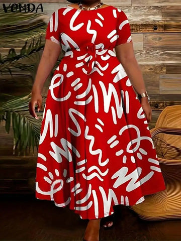 Image of Plus Size 5XL VONDA Summer Women Dress 2024 Fashion Belted Maxi Long Party Dress Vintage Printed Sundress Casual Vestidos Robe-FrenzyAfricanFashion.com