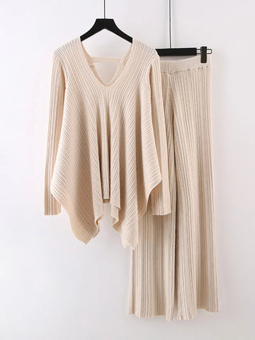 Image of Irregular Knitted 2 Piece Set Women's V-neck Backless Long Sleeves Solid Sweater High Waist Wide Leg Trousers-FrenzyAfricanFashion.com