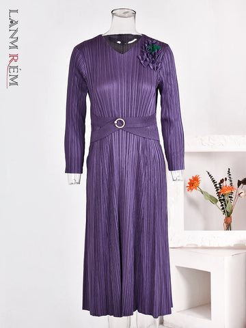 Image of Waist Pleated Dress For Women V-neck Long Sleeves Designer Spliced Dresses-FrenzyAfricanFashion.com