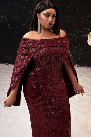 Image of Women Plus Size Formal Dress Burgundy Cape Off The Shoulder Sequin Wedding Guest Cocktail Slim Elegant Maxi Dresses 2024-FrenzyAfricanFashion.com