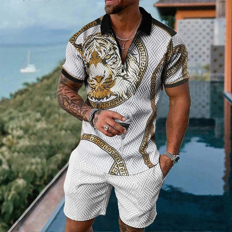 Image of Summer Mens Polo Shirts with Short Sleeve 3D Trend Luxury Golf T Shirt Black Faashion Blouse Short Pants Tracksuit 2 Pieces Sets-FrenzyAfricanFashion.com