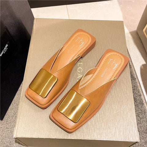 Image of Women Slippers Mules Flat Heels Square Toe Shallow Shoes Outdoor Slide Casual Sandal-FrenzyAfricanFashion.com