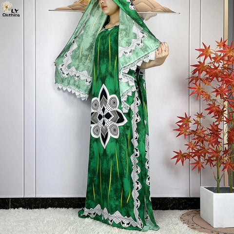 Image of Women Short Sleeve Cotton Loose Femme Robe Dresses With Big Scarf-FrenzyAfricanFashion.com