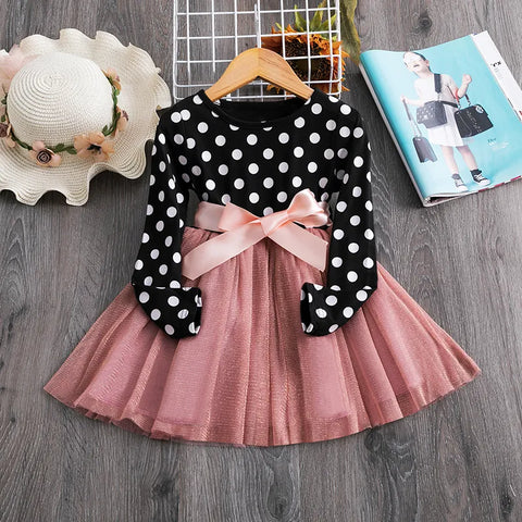 Image of Polka Dot Long Sleeve Tulle Kids Princess Dresses Girls Spring Autumn Wedding Birthday Party-FrenzyAfricanFashion.com