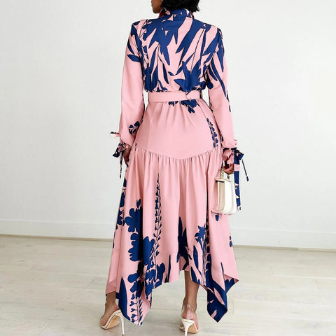 Image of Spring Casual Printed Irregular Maxi Dress Women Printing Button Party Evening Holidays Long Dress with Belt Women-FrenzyAfricanFashion.com