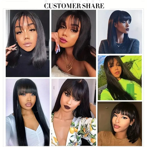 Image of Silky Wig Human Hair Full Machine Made Straight 100% Human Hair Wigs With Bangs For Women Brazilian Cheap Wig On Sale Clearance-FrenzyAfricanFashion.com