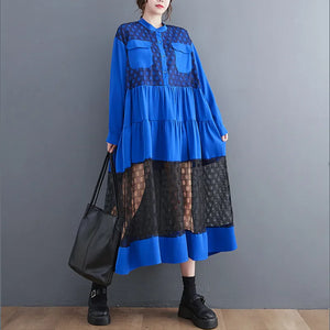 long sleeve oversized mesh vintage dresses for women casual loose spring autumn dress elegant clothing 2023-FrenzyAfricanFashion.com