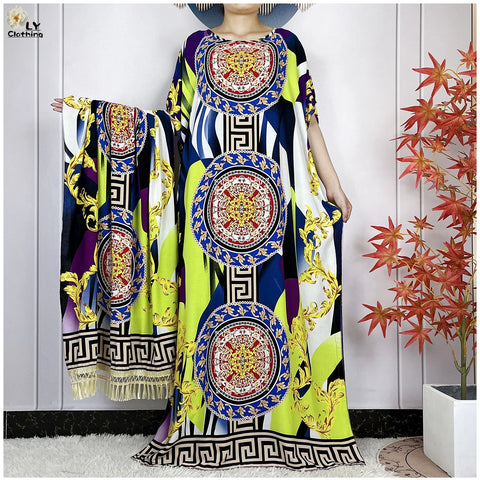 Image of Women Short Sleeve Cotton Loose Femme Robe Dresses With Big Scarf-FrenzyAfricanFashion.com