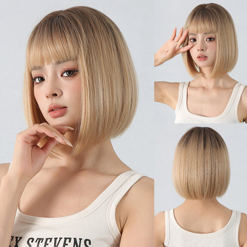 Image of Short Black Brown Synthetic Natural Hair Wigs for Women Bob Straight Wig with Bangs High Temperature Daily Cosplay Party Wigs-FrenzyAfricanFashion.com