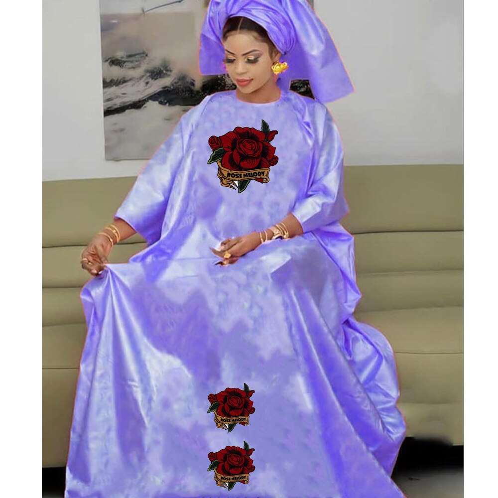 Bazin Dresses With Headscarf Women African Traditional Evening Gowns-FrenzyAfricanFashion.com