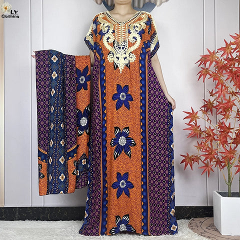 Image of Women Floral Dress African Dashiki Kaftan Short Sleeve Women Casual Hijab Dress-FrenzyAfricanFashion.com