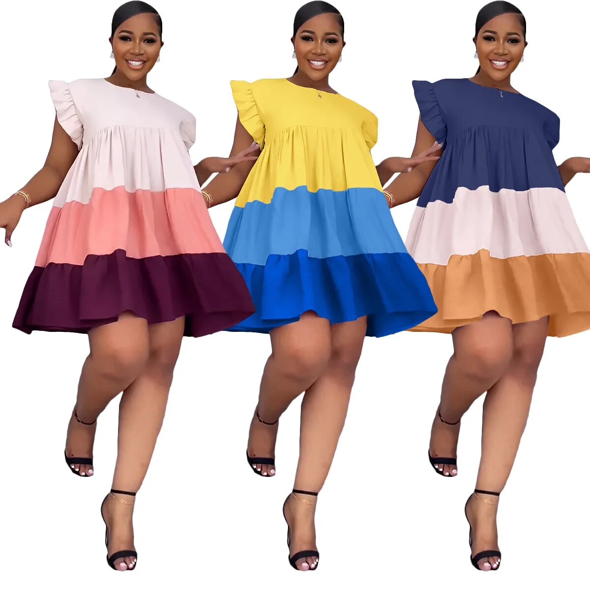 plus size Round Neck Ruffled Sleeve Contrast Panel Swing Loose Women's Dress-FrenzyAfricanFashion.com