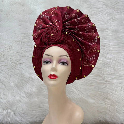 Image of Fahion High Quality Nigerian Gele Headtie Aso Oke Gele Already Made Auto Gele Aso Ebi Headtie African Turban with Bead Z1113-1-FrenzyAfricanFashion.com