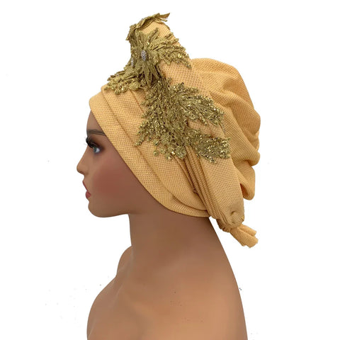 Image of Embroidery Flower African Autogele Headtie Women's Fashion Turban Cap Wedding Gele Party Headpiece Nigeria Female Head Wraps-FrenzyAfricanFashion.com