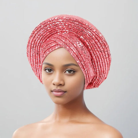 Image of Sequins Auto Gele Headtie African Women's Head Wraps Fashion Turban Cap Nigeria Wedding Geles Already Made Head Ties Headpiece-FrenzyAfricanFashion.com