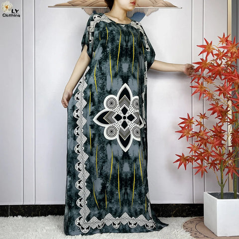 Image of Women Short Sleeve Cotton Loose Femme Robe Dresses With Big Scarf-FrenzyAfricanFashion.com