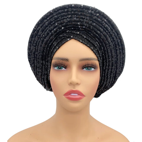 Image of Sequins Auto Gele Headtie African Women's Head Wraps Fashion Turban Cap Nigeria Wedding Geles Already Made Head Ties Headpiece-FrenzyAfricanFashion.com