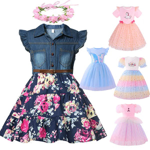 Summer Girls Denim Floral Dress Short Sleeve Casual Clothes-FrenzyAfricanFashion.com