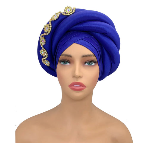 Image of Twisted Braid Turban Cap for Women African Lady Head Wraps Diamonds Nigeria Raw Silk Autogele Headtie Muslim Hat Party Headwear-FrenzyAfricanFashion.com