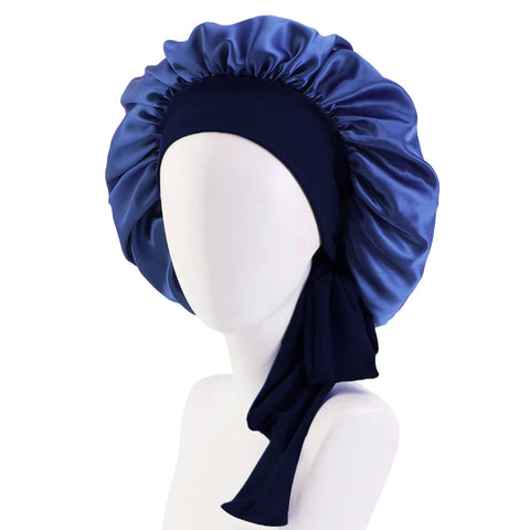 Image of Satin Solid Sleeping Hat with Stretchy Tie Band Elastic Night Shower Cap Adjustable Hair Head Cover Bonnet turban-FrenzyAfricanFashion.com