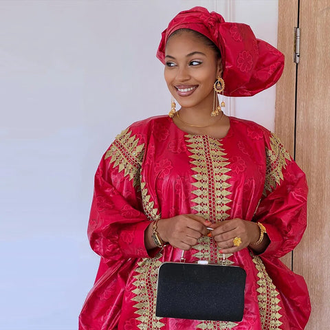 Image of Red Boubou Wedding Dashiki With Gold Embroidery Gown-FrenzyAfricanFashion.com