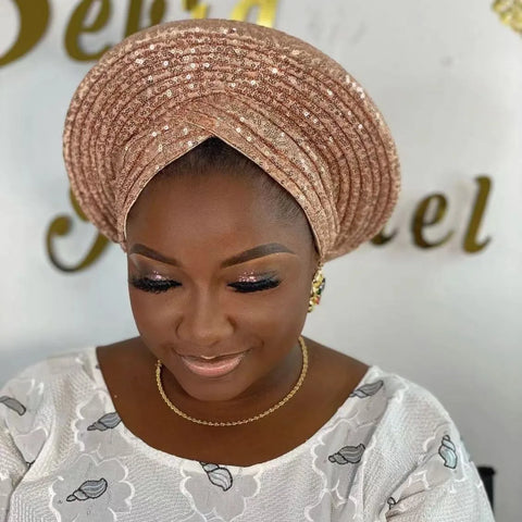 Image of Sequins Auto Gele Headtie African Women's Head Wraps Fashion Turban Cap Nigeria Wedding Geles Already Made Head Ties Headpiece-FrenzyAfricanFashion.com