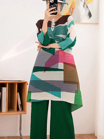 Image of 2 Pieces Sets For Women Loose Long Color Block Shirt With Wide Leg Pants Female Fashion Clothing-FrenzyAfricanFashion.com