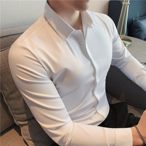 Image of Plus Size 4XL-M High Elasticity Seamless Shirts Men Long Sleeve Top Quality Slim Casual Luxury Shirt Social Formal Dress Shirts-FrenzyAfricanFashion.com