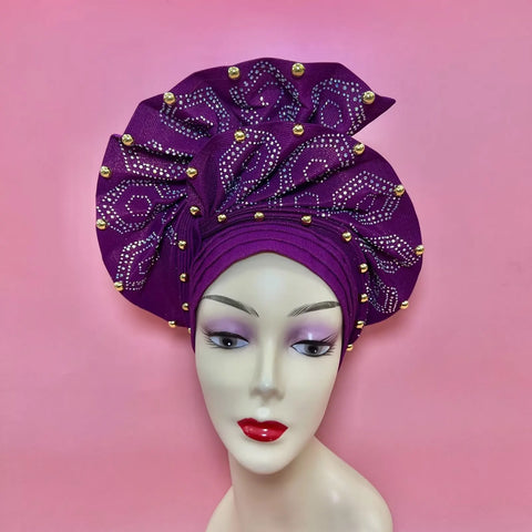 Image of Fahion High Quality Nigerian Gele Headtie Aso Oke Gele Already Made Auto Gele Aso Ebi Headtie African Turban with Bead Z1113-1-FrenzyAfricanFashion.com