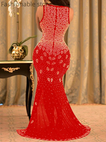 Image of Women Sexy V-Neck Sheer Mesh Rhinestone Decor Tight Mermaid Dress-FrenzyAfricanFashion.com