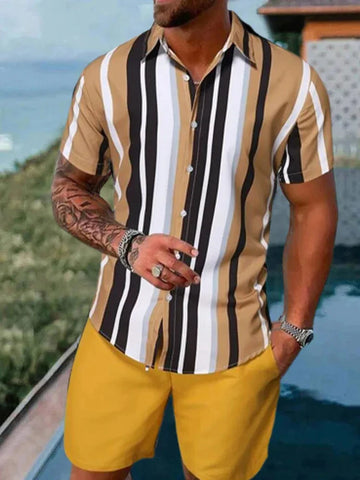 Image of Men's Shirt Sets 3d Print Patchwork Lapel Short Sleeve Casual Shirt Beach Shorts Summer Streetwear Vacation Hawaiian Suits Men-FrenzyAfricanFashion.com