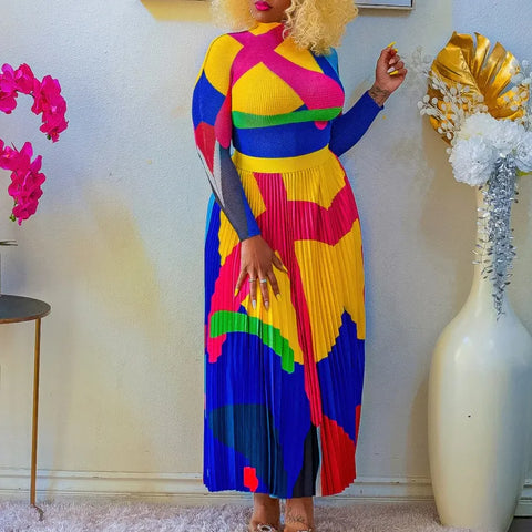 Image of Women Ruched 2 Piece Outfit Long Sleeve T Shirt Tops High Waist Maxi Skirt-FrenzyAfricanFashion.com