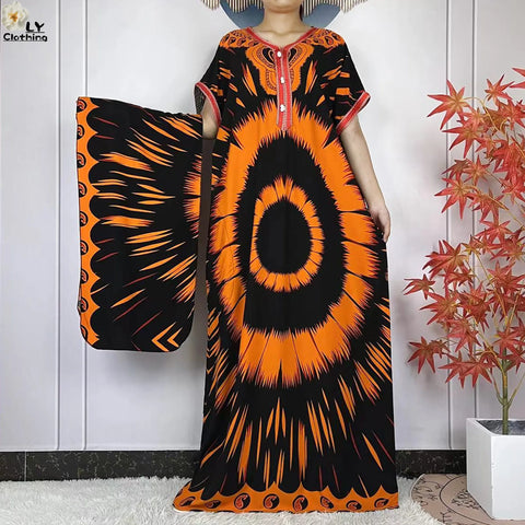 Image of Party Dress Women Loose Cotton Short Sleeve Maxi Robe Floral Abaya-FrenzyAfricanFashion.com