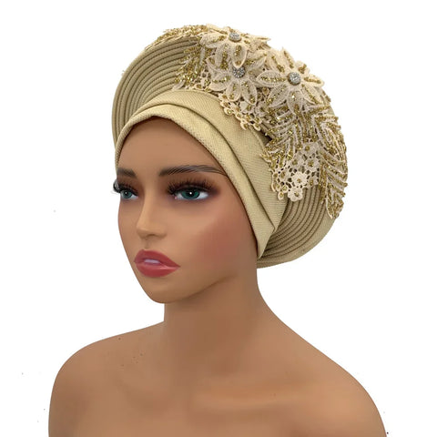 Image of Embroidery Flower African Autogele Headtie Women's Fashion Turban Cap Wedding Gele Party Headpiece Nigeria Female Head Wraps-FrenzyAfricanFashion.com