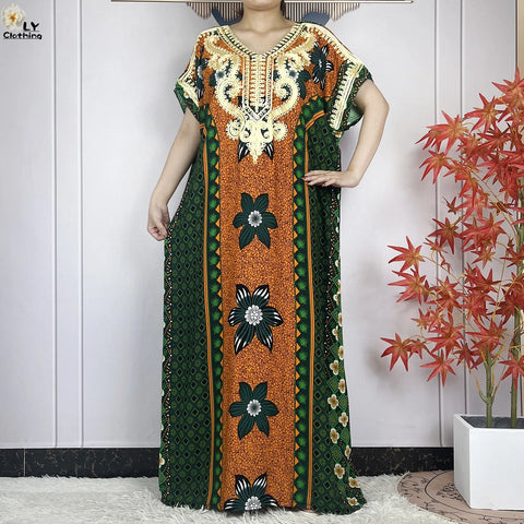 Image of Women Floral Dress African Dashiki Kaftan Short Sleeve Women Casual Hijab Dress-FrenzyAfricanFashion.com